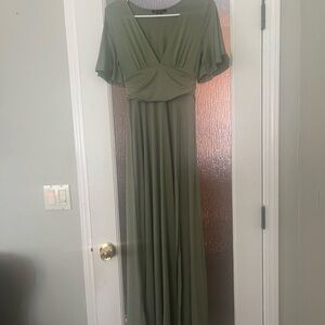 Olive Maternity Maxi Dress with Slit and Short Sleeves